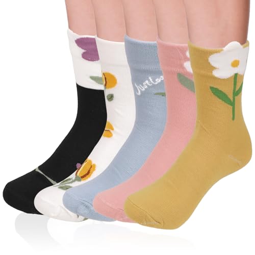 KALIONE 5 Paar Damen Socken mit Blumenmuster, süße Socken mit Blumenmuster Baumwollsocken mit Vintage-Blumenmuster für Damen süße Damensocken Socken Damen bunte Mädchen-Kleidersocken Blumensocken von KALIONE