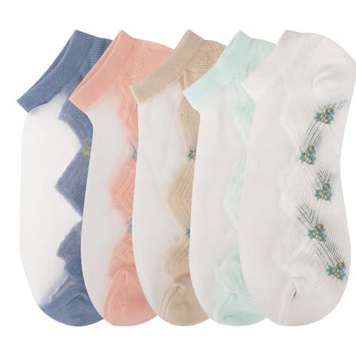 KALIONE 5 Paar Rüschen Socken Damen, Frauen Schiere Transparente Spitze Socken, Feinstrümpfe Damen, Durchsichtige Netzstrümpfe, Knöchel Durchsichtiges Netz Sommersocken für Damen Mädchen von KALIONE