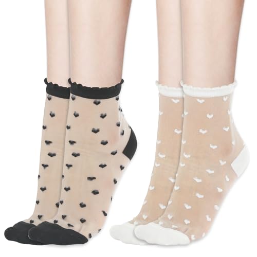 KALIONE 6 Paar Rüschen Socken Damen, transparente Damensocken transparente Netzsocken Spitzensocken Herzsocken Rüschensocken Damen Universalgröße Socken für Damen und Mädchen (Schwarz + Weiß) von KALIONE