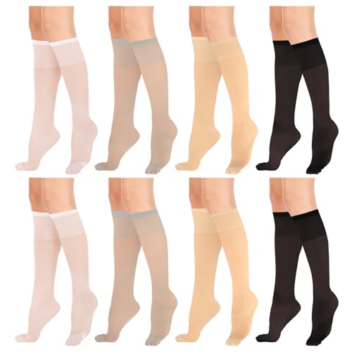 KALIONE 8 Paar Kniestrümpfe Transparent Damen, Damen transparente kniehohe Strümpfe für Damen solide transparente Strümpfe für Damen und Mädchen (weiß, grau, schwarz, hautfarben) von KALIONE