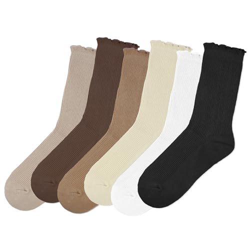 KALIONE Rüschensocken für Damen, 6 Paar Socken mit Rüschen, Süße Weiße Baumwollsocken mit Salatrand Socken, Gerippte Slouch Salat Loafer Socken von KALIONE