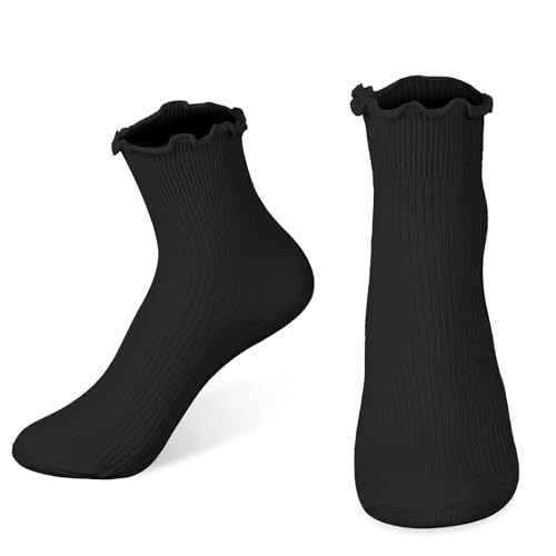 KALIONE Socken Rüschen Schwarz, süße Socken für Damen und Mädchen niedliche Rüschensocken Rüschensocken weiche atmungsaktive Söckchen für Frauen und Mädchen (schwarz) von KALIONE