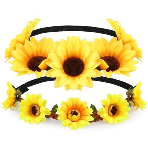 Sonnenblumen Haarschmuck, Blumen-Haarreifen dekoratives Haarband Sonnenblumen-Kopfbedeckung Blumen-Stirnbänder Braut- Hochzeits-Kopfschmuck Strand-Haarschmuck für Frauen und Mädchen (2 Stück) von KALIONE