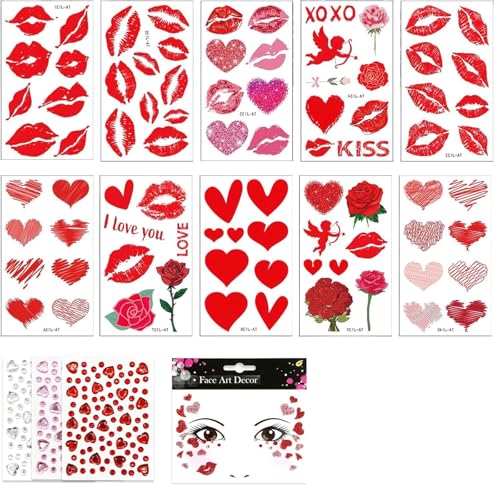 Gesichtstattoo Karneval Herz Tattoos mit Glitzer + Selbstklebende Tätowierungen + 3 Strassstein Gesichtsdekorationen + 10 Kuss Herz Designs + Hautfreundlich von KALUROIL