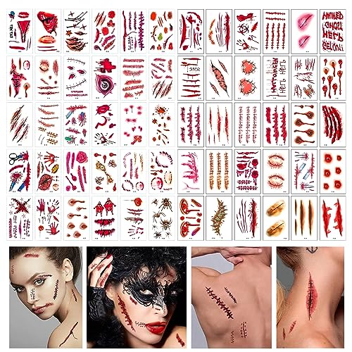 KALUROIL 60 Blatt Tattoos Halloween - Gruselige Temporäre Tattoos - Halloween Zombie Narben Aufkleber mit gefälschtem Scab-Blut für realistisches Spezial-Make-up von KALUROIL