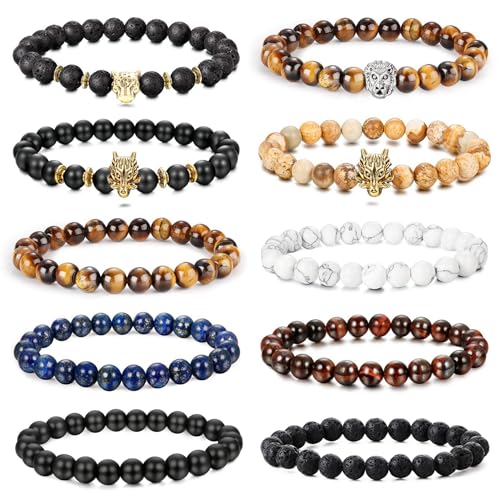 KALVICA 10 Stück 8 mm Perlen Armband für Herren Damen - 7 Chakra Natürliches Tigerauge, Lavagestein Mit Eule Elefant Schmuck Set Verstellbar von KALVICA