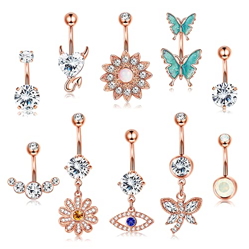 KALVICA 10 Stück Bauchnabelpiercing Chirurgenstahl für Damen Bauchnabelpiercing mit Anhänger Zirkonia Evil Eye Schmetterling Bauchpiercing Nabelpiercing Piercing Schmuck Set von KALVICA