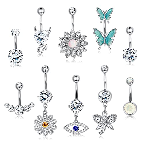 KALVICA 10 Stück Bauchnabelpiercing Chirurgenstahl für Damen Bauchnabelpiercing mit Anhänger Zirkonia Evil Eye Schmetterling Bauchpiercing Nabelpiercing Piercing Schmuck Set von KALVICA