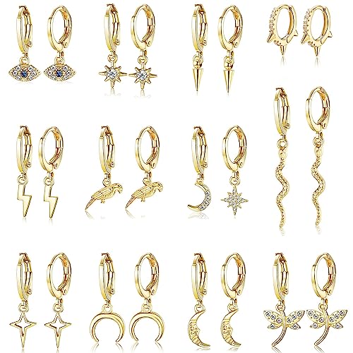 KALVICA 12 Paar Gold Creolen Ohrringe für Damen Mädchen 14 Karat Vergoldete Ohrringe Hängend Gold Creolen mit Zirkonia Gold Ohrringe Perlen Hängende Ohrringe Creolen Set von KALVICA