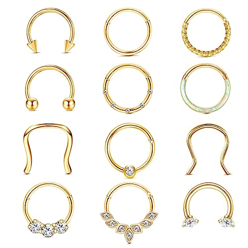 KALVICA 12 STück Nasenring Hoop Piercing Set 16G Edelstahl Helix Piercings Chirurgenstahl Lippenpiercing Nasenpiercing Ring 8/10mm Body Piercing Schmuck Golden Silbrig Septum Piercing Damen von KALVICA