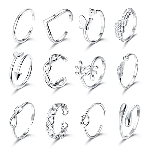 KALVICA 12 Stücke Offene Ringe Set für Damen Mädchen Frauen Fingerringe Set Knot Wellen Unendlichkeits Feder Silber Ringe Zehenring Verstellbar von KALVICA