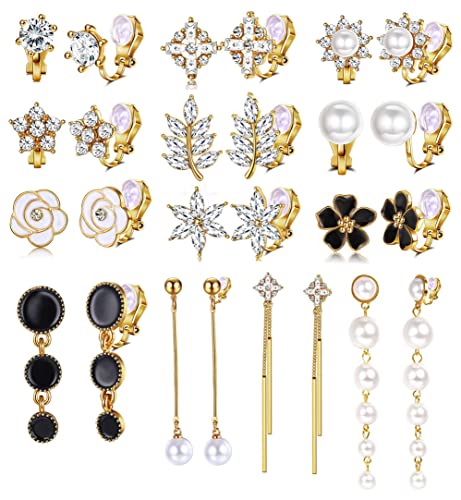 KALVICA 13/15 Paar Ohrclips Damen Baumeln Clip Ohrringe Set für Frauen Perle Blume Stern Leaf Knot Zirkonia Steine ohrclips ohne ohrlöcher Golden Nicht Piercing Ohrringe Set von KALVICA