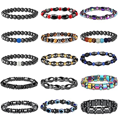 KALVICA 15 Stück Hämatit Armband für Damen Herren Armband Dreifachem Schutz Natürliche Energiesteinen Yoga Armbänder Einstellbare Viel Glück Armband Geburtstag Geschenk für Familie von KALVICA