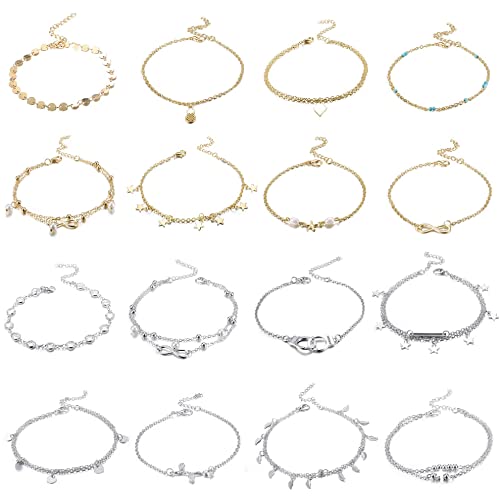 KALVICA 16 Stücke Fußkettchen für Damen Verstellbare Galvanisch vergoldetes Silber Fußketten Legierung Sommer Strand Fußkettchen Set für Frauen von KALVICA