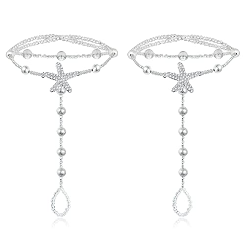KALVICA 2 Stück Handgemachte Perlen Fußkettchen mit Seestern für Damen Mädchen, Handgemachte Strand Fußkette Schmuck, Verstellbares Fußketten Set, Elastisches Sommer Fußkettchen von KALVICA