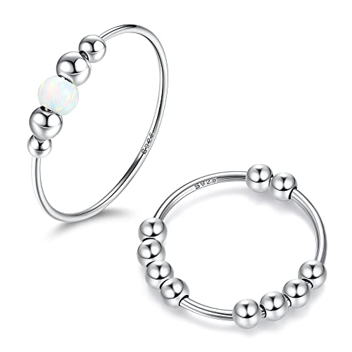 KALVICA 2 Stücke 925 Sterling Silber Angst Ringe Spinner Ring mit Perlen Stapelbar Fidget Ringe Handgemachte Opalperlen Ringe Anti Stress Ringe für Damen Frauen von KALVICA