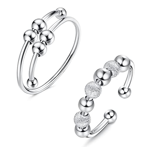 KALVICA 2 Stücke 925 Sterling Silber Angst Ringe für Damen Männer Spinner Ringe mit Perlen Silber Anxiety Ring Set Drehen Verstellbare Ring mit Stapelbare Fidget KALVICA 2 Stücke 925 Sterling Silber Angst Ringe für Damen Männer Spinner Ringe mit Perlen Silber Anxiety Ring Set Drehen Verstellbare Ring mit Stapelbare Fidget von KALVICA