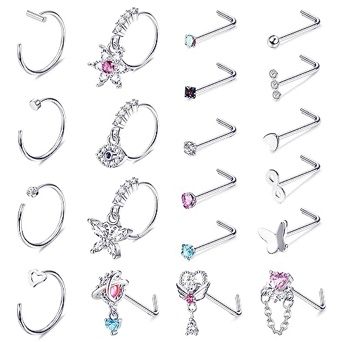 KALVICA 20 Pieces Nasenpiercing Set 20G Edelstahl Nasenpiercing Schwarz Silbrig Golden Mond Roségold Herz Iris Japonica CZ Anhänger Nasenpiercing Stecker für Männer von KALVICA