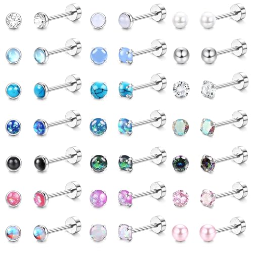 KALVICA 21Paar Hypoallergen Ohrstecker Silber Ohrringe Damen Männer Chirurgenstahl Knorpel Earrings for Women CZ Opal Mondstein Türkis Helix Tragus Rook Piercing Ohr Schmuck 20G von KALVICA