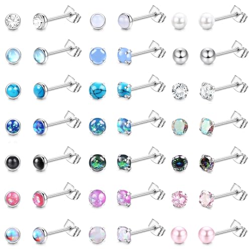 KALVICA 21Paar Hypoallergen Ohrstecker Silber Ohrringe Damen Männer Chirurgenstahl Knorpel Earrings for Women CZ Opal Mondstein Türkis Helix Tragus Rook Piercing Ohr Schmuck 20G von KALVICA
