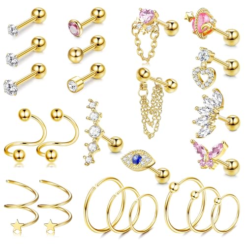 KALVICA 24 Stück Helix Piercings Chirurgenstahl Knorpel Ohrstecker Damen Tragus Conch Piercing Ohr CZ Ohrringe Set Nasenpiercing 16G Gold Silber Rose Glod von KALVICA