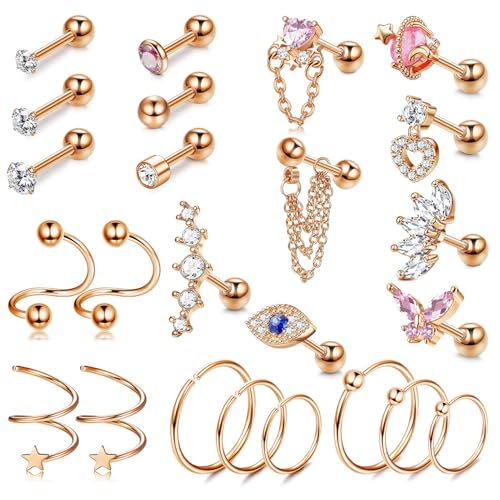 KALVICA 24 Stück Helix Piercings Chirurgenstahl Knorpel Ohrstecker Damen Tragus Conch Piercing Ohr CZ Ohrringe Set Nasenpiercing 16G Gold Silber Rose Glod von KALVICA