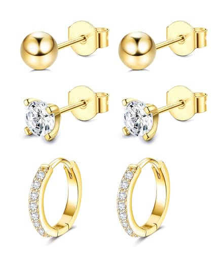 KALVICA 3 Paar Gold Ohrringe Damen Creolen Silber 925 Ohrringe Set Medizinische Ohrstecker Gold Silber Rosegold Hypoallergen 14K Gold Gefüllt Zirkon Mehrfach-Piercing von KALVICA