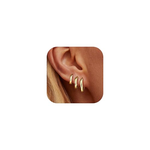 KALVICA 3 Paar Kleine Gold-Creolen Set für Damen Mann 14K Vergoldet Hypoallergene Ohrringe mit Zirkonien Passend für Cartilage Conch Helix Piercings und Kleine Ohrringe für Zweites Ohrloch 8/10/12mm von KALVICA