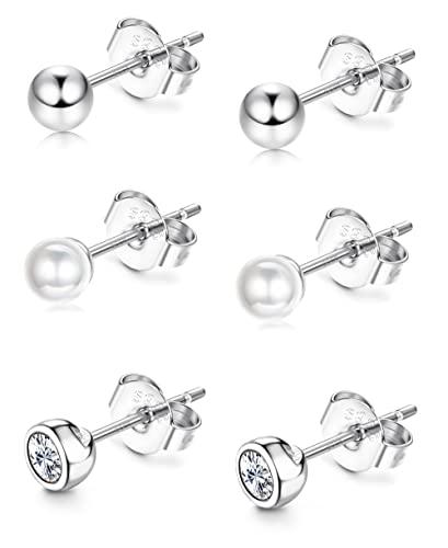 KALVICA 3 Paar Kleine Ohrstecker für Damen in 925 Sterling Silber Gold Ohrringe Set mit Zirkonia Perle Knorpel Ohrstecker Damen Mädchen Geschenke 4MM von KALVICA