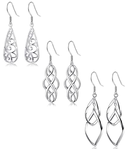 KALVICA 3 Paare Ohrringe Silber Hängend für Damen Mädchen Lang Hängend Ohrringe Keltische Knoten Hohlen Tropfen Ohrringe Twist Filigrane Ohrringe Ohrringe Frauen Geschenk von KALVICA