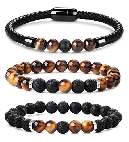 KALVICA 3 Stück 8 mm Perlen Armband für Herren Damen Natürliches Tigerauge Armband Lavagestein Perlen Armband Elastische Leder Armband mit Magnetverschluss Geburtstagsgeschenk für Männer von KALVICA