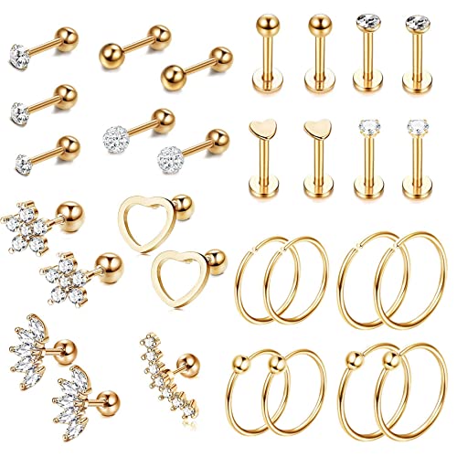 KALVICA 30 Stück 16G Tragus Ohrringe für Damen Männer Edelstahl Helix Piercing Knorpel Ohrpiercing Ohrstecker Conch Barbell Knorpel Creolen Piercing Labret Ohrringe von KALVICA