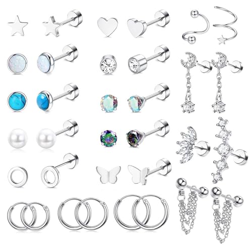 KALVICA 34 Stück Ohrringe Set Ohrstecker Silber für Damen Hypoallergen Helix Piercings Chirurgenstahl Tragus Conch Rook Piercing Ohr Nase Knorpel Ohrringe für Mehrere Ohrlöcher 20G(2) von KALVICA
