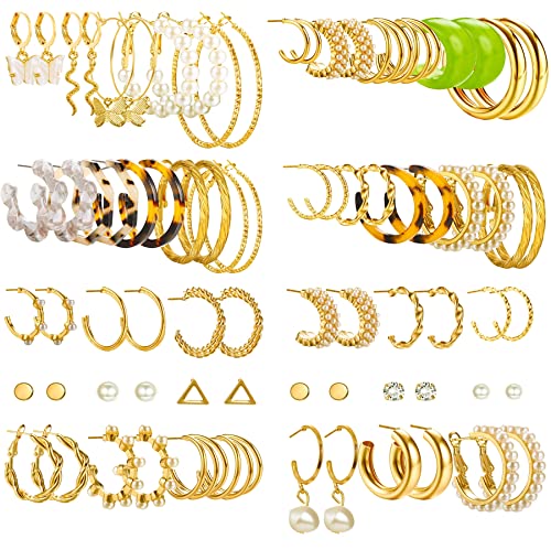 KALVICA 38 Paar Hoop Ohrringe Gold für Damen, Mädchen, Frauen - Perle Creolen, Ohrstecker Hängend Knorpel Mit Schmetterling, Schlange, Perle, Webart Tropfen Gesetzt von KALVICA