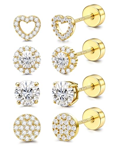 KALVICA 4 Paar Ohrringe Set Ohrringe Silber 925 16K Vergoldet Ohrringe Mit Flachem Verschluss Chirurgenstahl Nickelfreie Ohrringe Gold Silber für Damen Herren Tragus Helix Piercings Ohr von KALVICA