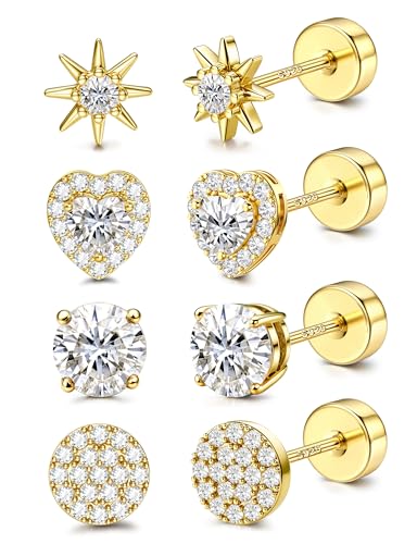 KALVICA 4 Paar Ohrringe Set Ohrringe Silber 925 16K Vergoldet Ohrringe Mit Flachem Verschluss Chirurgenstahl Nickelfreie Ohrringe Gold Silber für Damen Herren Tragus Helix Piercings Ohr von KALVICA