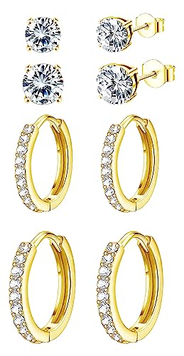KALVICA 4 Paar Ohrstecker Ohrringe Set 925 Sterling Silber Post Ohrstecker Creolen Ohrringe Set Creolen Ohrringe Klein Hypoallergen Klein Schlafen Creolen mit Zirkonia für Damen Mädchen von KALVICA