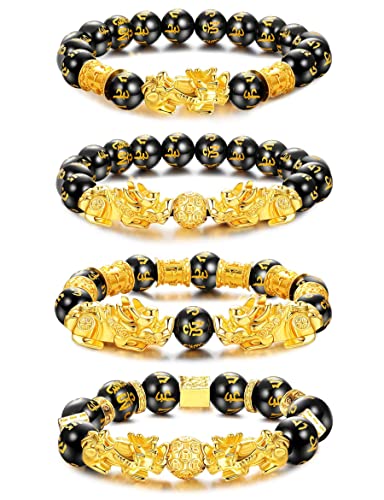 KALVICA 4 Stück Feng Shui Armband für Männer Frauen Schwarz Obsidian Armbänder Pi Xiu Armbänder Feng Shui Perlenarmband für Die Gewinnung Von Reichtum und Viel Glück Armband Set Schmuck von KALVICA