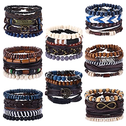 KALVICA 40 Stück Geflochtene Lederarmbänder für Herren Damen Armband Edelstahl Echtleder Manschetten Vintage Armband Set Punk Armband mit Kordelzug Einstellbar von KALVICA