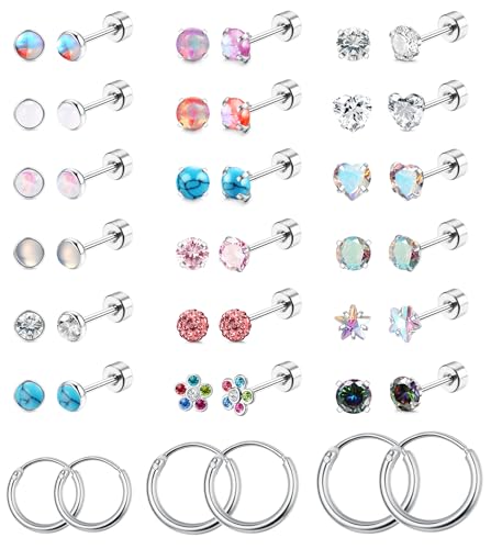 KALVICA 42Pcs Medizinische Ohrstecker Ohrringe Damen Mädchen Helix Tragus Piercing Ohr Chirurgenstahl Ohrringe Set Kleine CZ Opal Mondstein Damenohrringe Creolen Silber von KALVICA