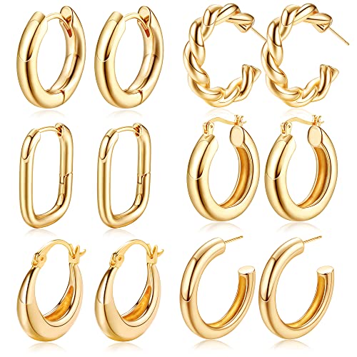 KALVICA 6 Paar Gold Huggie Creolen Ohrringe Set für Frauen Mädchen Hypoallergen Dick Offen Twisted Huggie Hoop Ohrringe kleine Creolen U-förmige Huggie Ohrringe Schmuck für Geburtstags von KALVICA