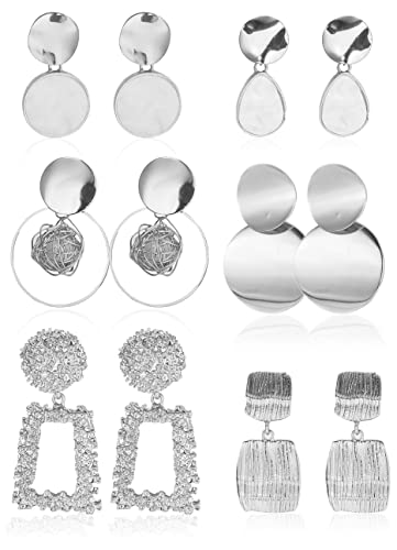 KALVICA 6 Paar Statement Ohrring Set für Damen Legierung Geometrische Große Ohrringe Ohrclip in silbrig Hängeohrringe Tropfen Ohrringe Set Ohrringe Hängend für Damen von KALVICA