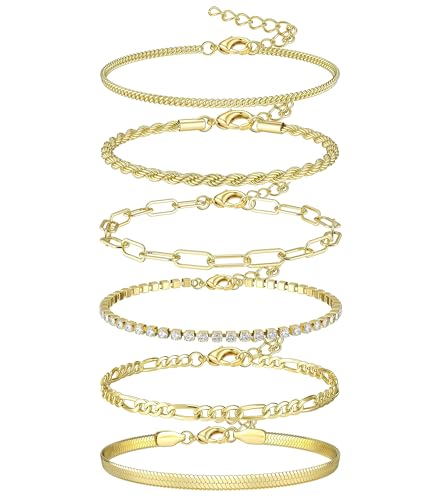 KALVICA 6 Pcs Armband Damen Gold Fußkettchen für Damen Partnerarmbänder Set Bracelet Schmuck Verstellbares Armband Elektroplattiertes 14K Gold für Damen Mädchen von KALVICA