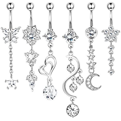 KALVICA 6 Stück 14G Chirurgenstahl Bauchnabelpiercing Baumeln für Frauen Mädchen Bauchnabelpiercings mit Dangle Zirkonia Curved Piercing Schmuck von KALVICA