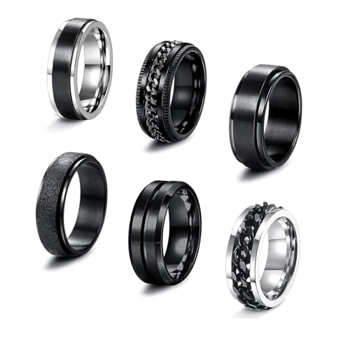 KALVICA 6 Stück Edelstahl Ringe Herren Fidget Anxiety Spinner Ring Anti Stress Ring Set für Herren Ring Silber Schwarz Verlobungsring Ehering 70 von KALVICA