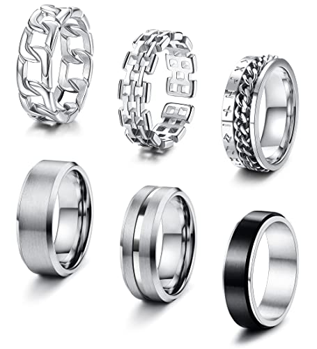 KALVICA 6 Stück Edelstahl Ringe für Herren Männer Ringe Set Offener Ring Spinner Ringe Viking Rune Ringe mit Kette Größe 54-70 von KALVICA