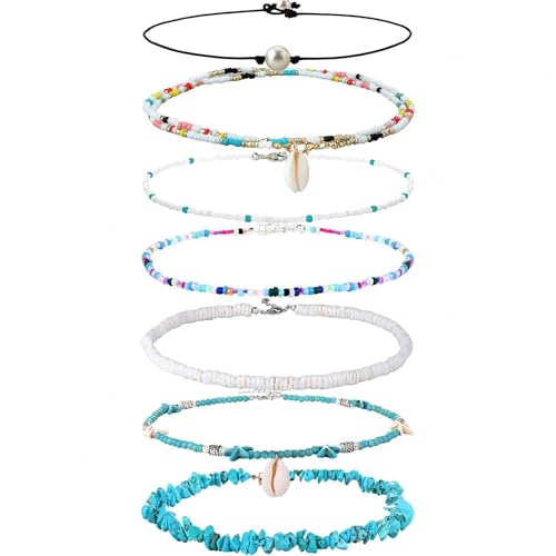 KALVICA 7 Stück Boho Schmuck Bunte Perlenkette, Boho Kette Damen, Muschelkette Seashll-Halsketten für Frauen und Mädchen, Handgefertigte Ethnischer Halskette Sommer Outer Banks Surfer von KALVICA