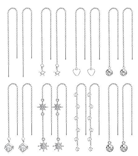 KALVICA 8 Paar Hängend Ohrringe für Damen und Mädchen - Edelstahl Lange Kette Quasten Set mit Stern, Herz, CZ - Leichtgewicht Einfädler Tropfen - Silber/Gold von KALVICA