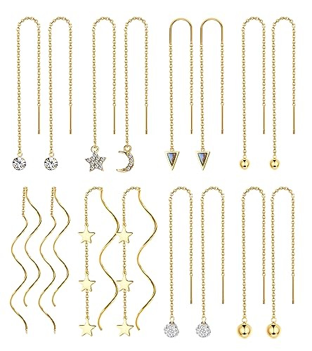 KALVICA 8 Paar Hängend Ohrringe für Damen und Mädchen - Edelstahl Lange Kette Quasten Set mit Stern, Herz, CZ - Leichtgewicht Einfädler Tropfen - Silber/Gold von KALVICA