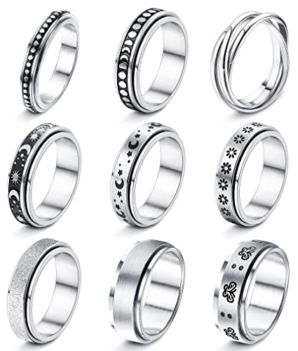 KALVICA 9 Stück Edelstahl Ringe für Dame Herren Spinner Ringe Silber Matt Finish Poliert Band Ringe Fidget Anxiety Ringe Moon Star Ehering Verlobungsringe Vintage Unisex Ring 49-62 von KALVICA